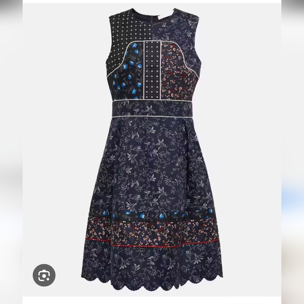 See By Chloe Dark Blue Patchwork Floral A-Line Dress, 42, Large